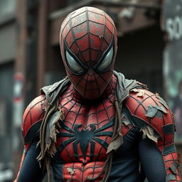 Spider-Man wearing a tattered and worn-out suit, with frayed and torn costume revealing underlying fabric