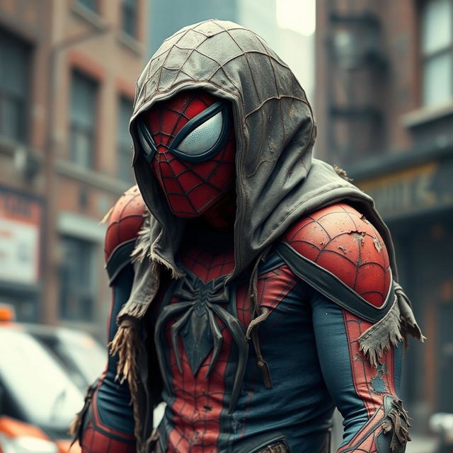 Spider-Man wearing a tattered and worn-out suit, with frayed and torn costume revealing underlying fabric