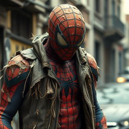 Spider-Man wearing a tattered and worn-out suit, with frayed and torn costume revealing underlying fabric