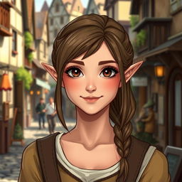 A charming and approachable half-elven woman with a blend of human and elvish features