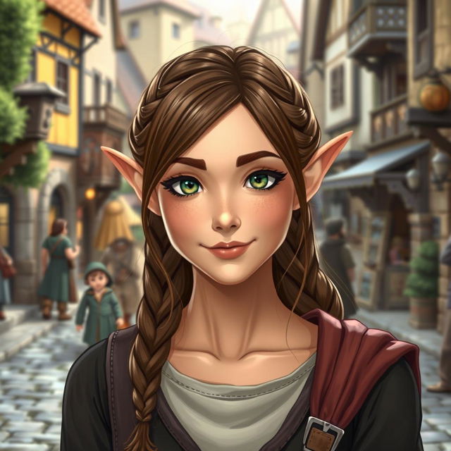 A charming and approachable half-elven woman with a blend of human and elvish features