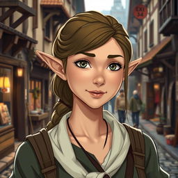 A charming and approachable half-elven woman with a blend of human and elvish features