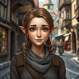 A charming and approachable half-elven woman with a blend of human and elvish features