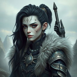 Mystical portrait of a Shadar-Kai with long hair styled in a side-swept ponytail