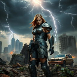 A thrilling post-apocalyptic landscape featuring a lone female warrior wearing a torn, futuristic armor set, standing confidently amidst the ruins of a modern city