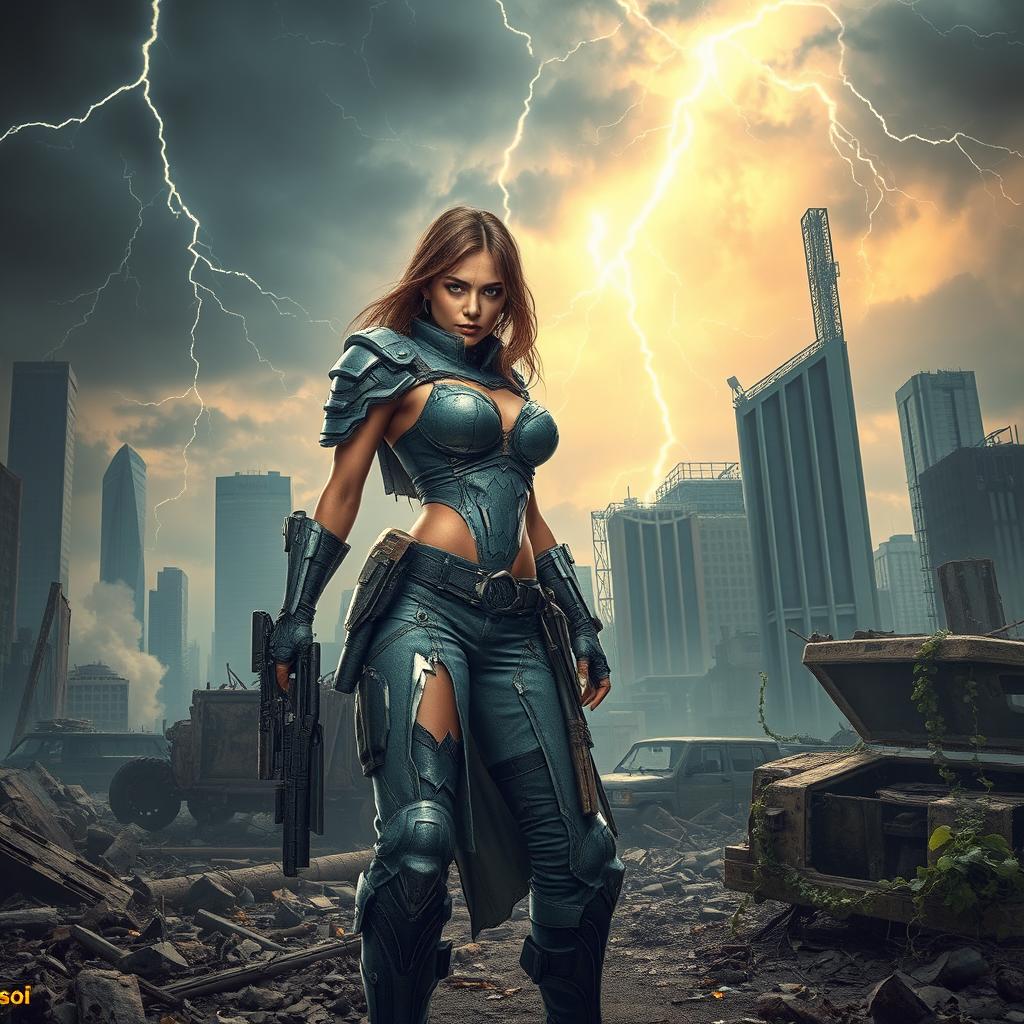 A thrilling post-apocalyptic landscape featuring a lone female warrior wearing a torn, futuristic armor set, standing confidently amidst the ruins of a modern city