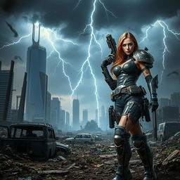 A thrilling post-apocalyptic landscape featuring a lone female warrior wearing a torn, futuristic armor set, standing confidently amidst the ruins of a modern city