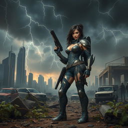 A thrilling post-apocalyptic landscape featuring a lone female warrior wearing a torn, futuristic armor set, standing confidently amidst the ruins of a modern city