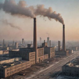 A bustling cityscape at sunset in the Soviet Union era with Brutalist architecture, large factory smokestacks, and the iconic hammer and sickle flags fluttering in the wind