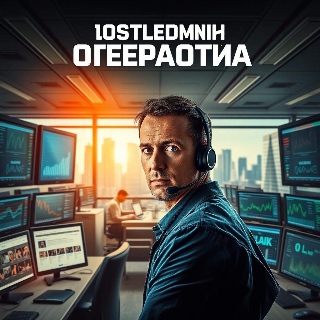 A cinematic movie poster for the film titled 'Последний оператора', featuring a dramatic scene inside a bustling call center