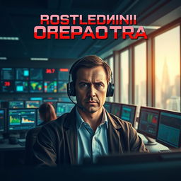 A cinematic movie poster for the film titled 'Последний оператора', featuring a dramatic scene inside a bustling call center