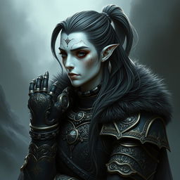 Mystical portrait of a Shadar-Kai with long hair styled in a side-swept ponytail