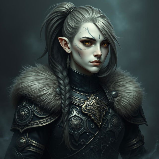 Mystical portrait of a Shadar-Kai with long hair styled in a side-swept ponytail