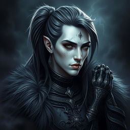 Mystical portrait of a Shadar-Kai with long hair styled in a side-swept ponytail