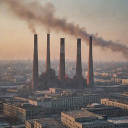 A bustling cityscape at sunset in the Soviet Union era with Brutalist architecture, large factory smokestacks, and the iconic hammer and sickle flags fluttering in the wind