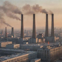 A bustling cityscape at sunset in the Soviet Union era with Brutalist architecture, large factory smokestacks, and the iconic hammer and sickle flags fluttering in the wind