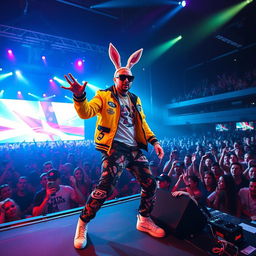 Bad Bunny performing on stage, vibrant and colorful lighting, energetic pose, stylish urban clothing, large audience in awe, music elements like speakers and instruments, dynamic atmosphere capturing the excitement of live performance