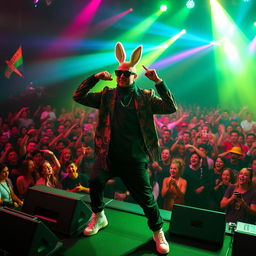 Bad Bunny performing on stage, vibrant and colorful lighting, energetic pose, stylish urban clothing, large audience in awe, music elements like speakers and instruments, dynamic atmosphere capturing the excitement of live performance