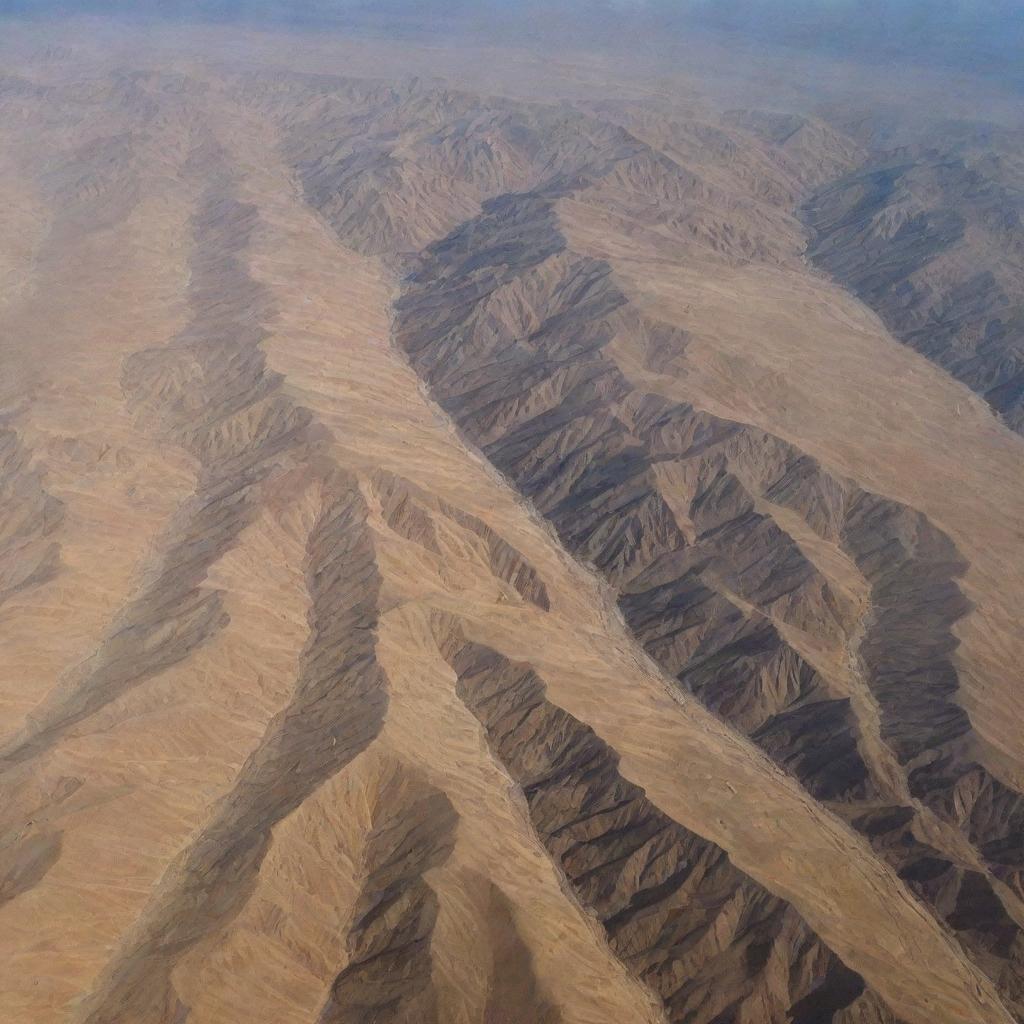 A breathtaking aerial view of the diverse terrains in Iran; showcasing mountains, deserts, cities, and historical landmarks.