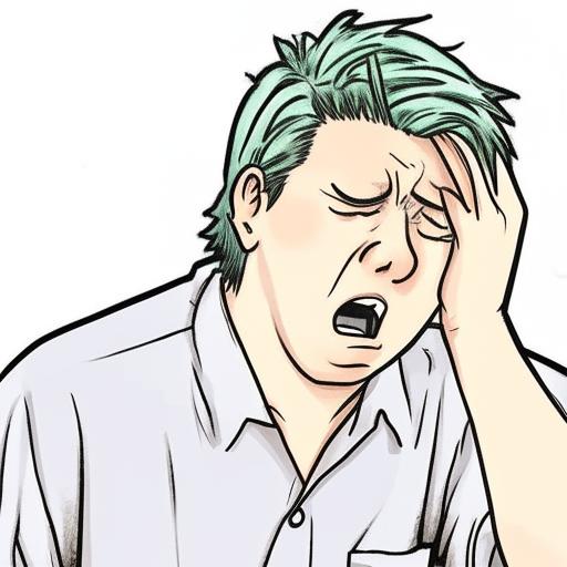 A manga styled representation of a man in the throes of a hangover, featuring exaggerated facial expression demonstrating discomfort and exhaustion.