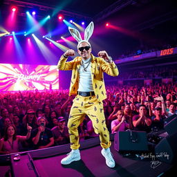 Bad Bunny performing on stage, vibrant and colorful lighting, energetic pose, stylish urban clothing, large audience in awe, music elements like speakers and instruments, dynamic atmosphere capturing the excitement of live performance