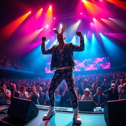 Bad Bunny performing on stage, vibrant and colorful lighting, energetic pose, stylish urban clothing, large audience in awe, music elements like speakers and instruments, dynamic atmosphere capturing the excitement of live performance