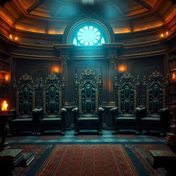 A sorcerer's academy council chamber featuring five majestic, empty royal seats