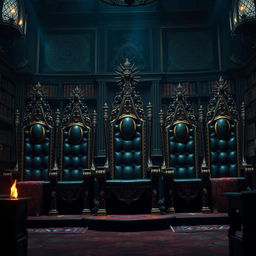 A sorcerer's academy council chamber featuring five majestic, empty royal seats