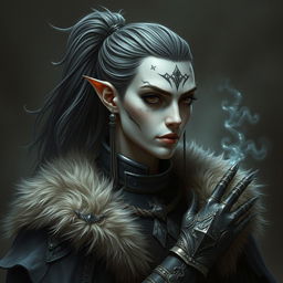 Mystical portrait of a Shadar-Kai with long hair styled in a side-swept ponytail