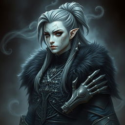 Mystical portrait of a Shadar-Kai with long hair styled in a side-swept ponytail