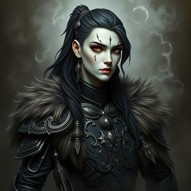 Mystical portrait of a Shadar-Kai with long hair styled in a side-swept ponytail