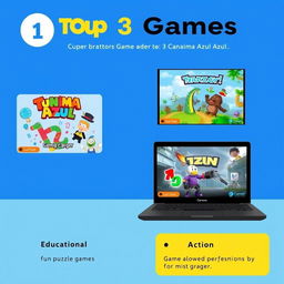 An illustration depicting the top 3 games for the Canaima Azul laptop, showcasing their covers or main screens