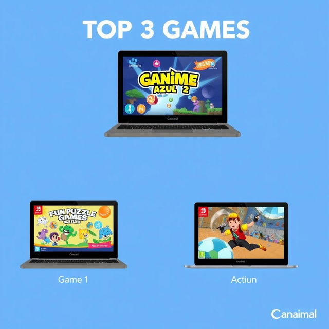 An illustration depicting the top 3 games for the Canaima Azul laptop, showcasing their covers or main screens