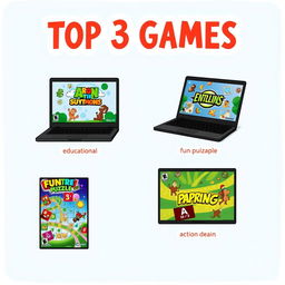 An illustration depicting the top 3 games for the Canaima Azul laptop, showcasing their covers or main screens