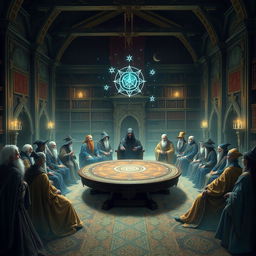 A grand sorcerer's academy council in session