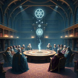 A grand sorcerer's academy council in session