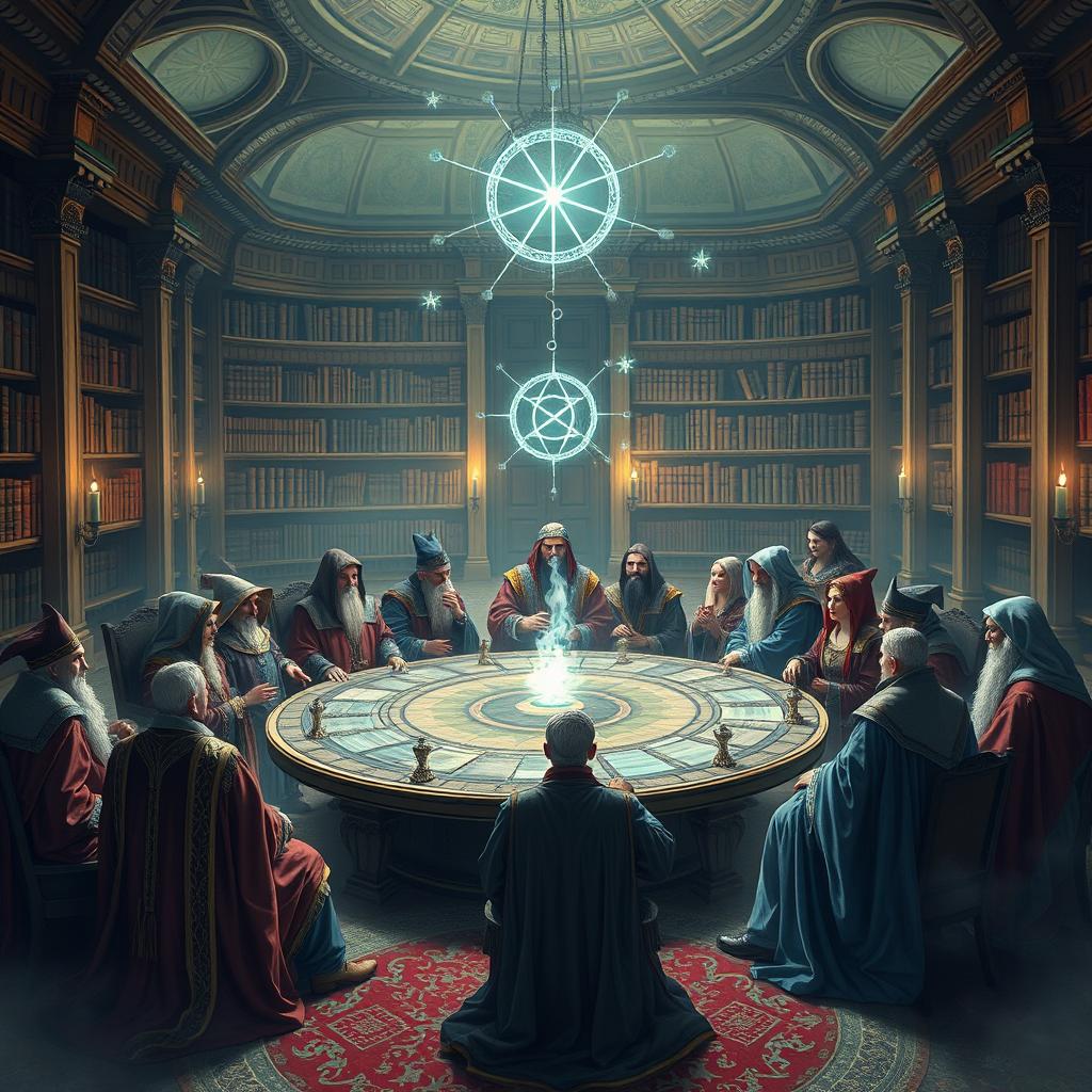 A grand sorcerer's academy council in session