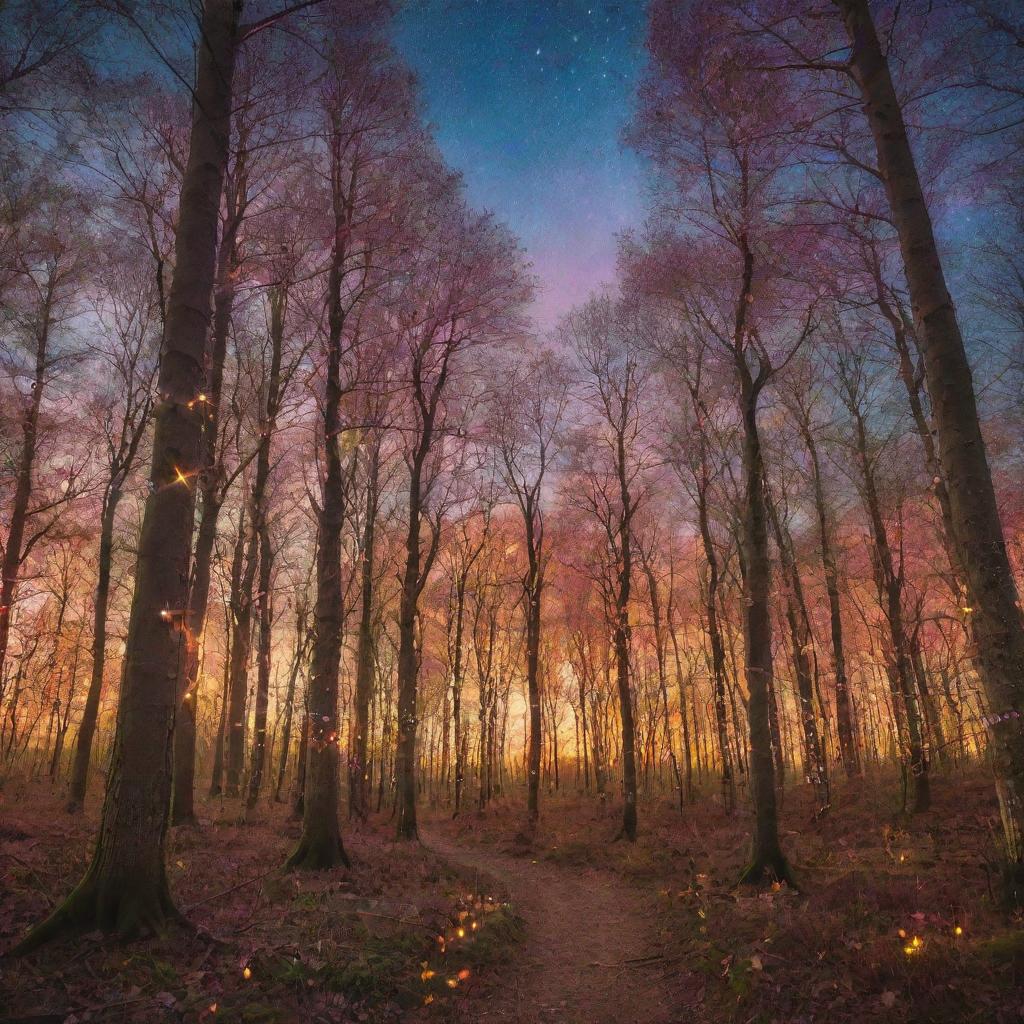 A magical forest at sunset with vibrant, colorful trees, shimmering fairy lights, and a clear, star-speckled sky.