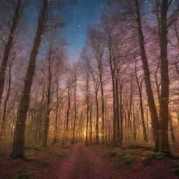 A magical forest at sunset with vibrant, colorful trees, shimmering fairy lights, and a clear, star-speckled sky.