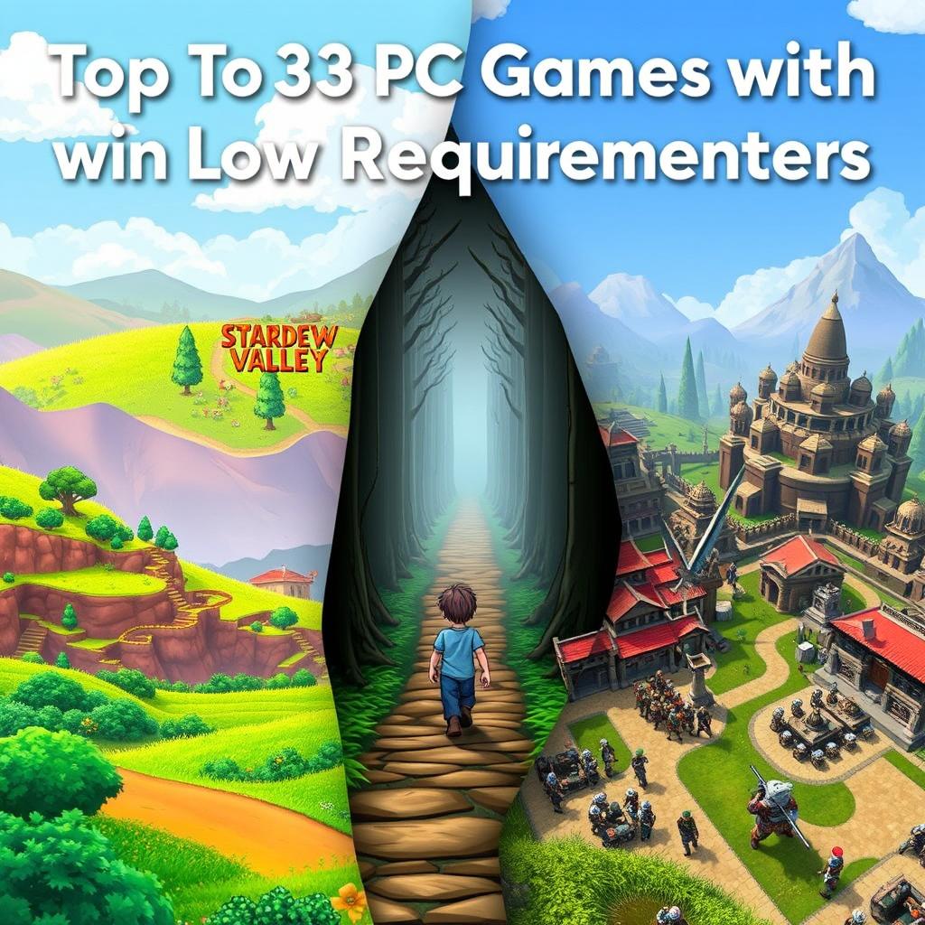 A digital artwork titled "Top 3 PC Games with Low System Requirements" showcasing a creative composition of three popular PC games known for their low system requirements