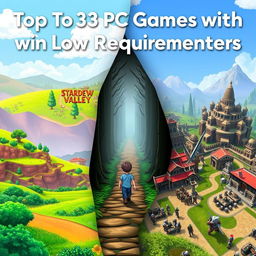 A digital artwork titled "Top 3 PC Games with Low System Requirements" showcasing a creative composition of three popular PC games known for their low system requirements