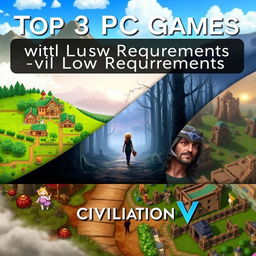 A digital artwork titled "Top 3 PC Games with Low System Requirements" showcasing a creative composition of three popular PC games known for their low system requirements