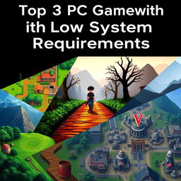 A digital artwork titled "Top 3 PC Games with Low System Requirements" showcasing a creative composition of three popular PC games known for their low system requirements