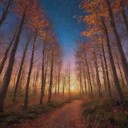 A magical forest at sunset with vibrant, colorful trees, shimmering fairy lights, and a clear, star-speckled sky.