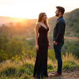 A beautiful woman wearing a stunning black dress stands in a scenic landscape, looking lovingly at a handsome stranger