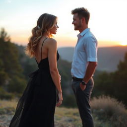 A beautiful woman wearing a stunning black dress stands in a scenic landscape, looking lovingly at a handsome stranger