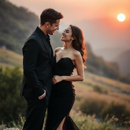 A beautiful woman wearing a stunning black dress stands in a scenic landscape, looking lovingly at a handsome stranger