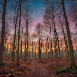 A magical forest at sunset with vibrant, colorful trees, shimmering fairy lights, and a clear, star-speckled sky.