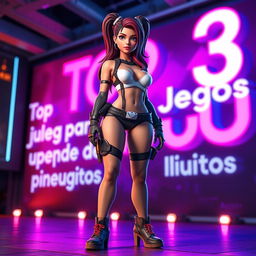 Create a 3D video game character of a sexy woman standing confidently against a vibrant backdrop with neon lights