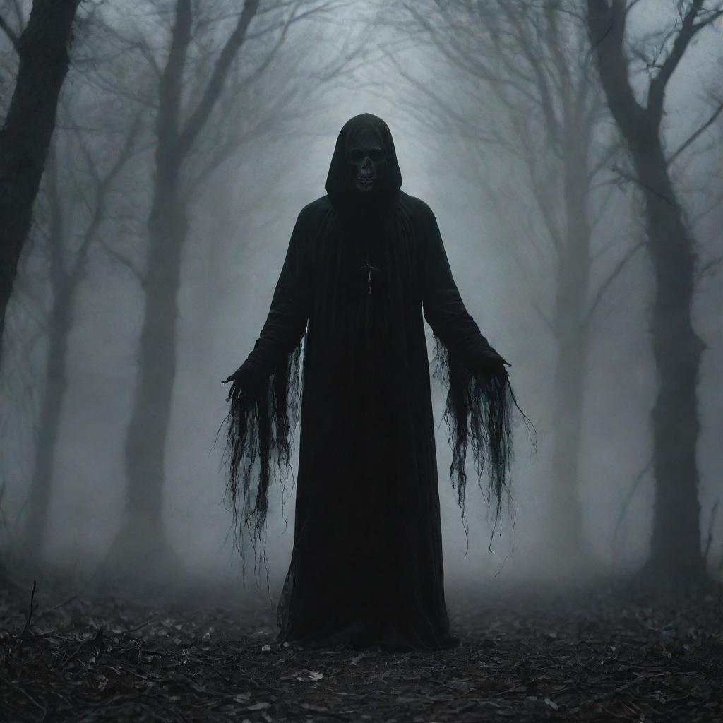 A dark, macabre scene featuring a wispy, spectral entity known as 'Death Breath', exuding a cold, ghastly energy. Gothic and eerie atmosphere is prevailing.